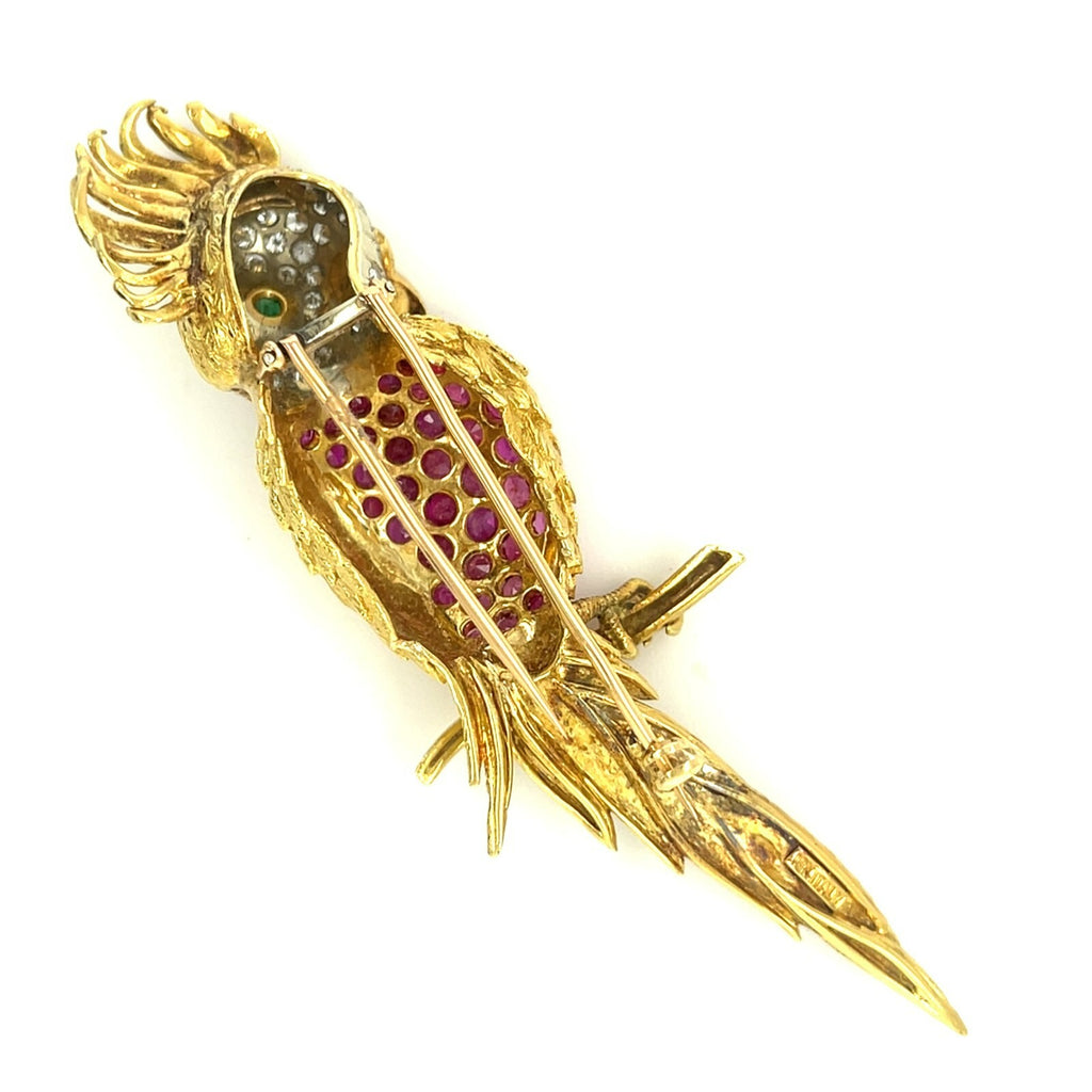18k Yellow Gold Bird Cockatoo Brooch with Ruby, Diamond, and Emerald