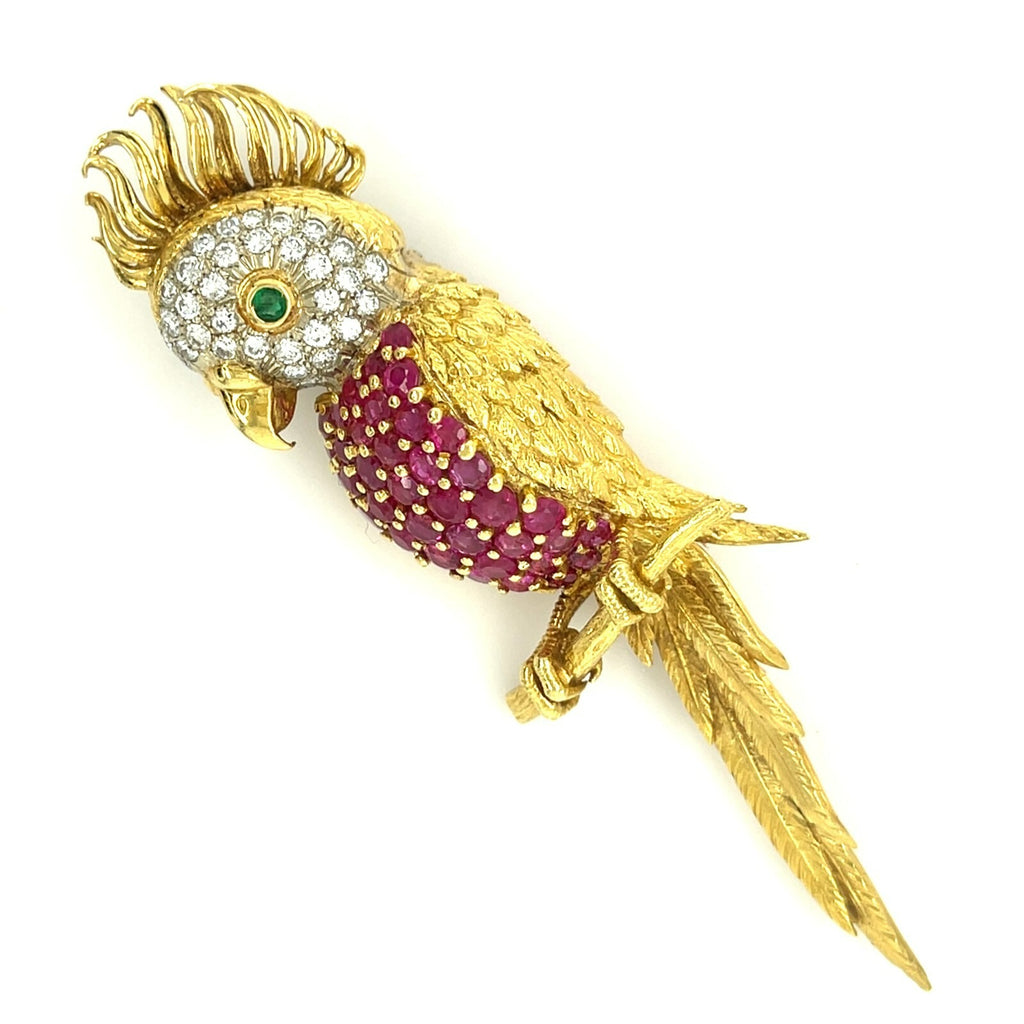 18k Yellow Gold Bird Cockatoo Brooch with Ruby, Diamond, and Emerald