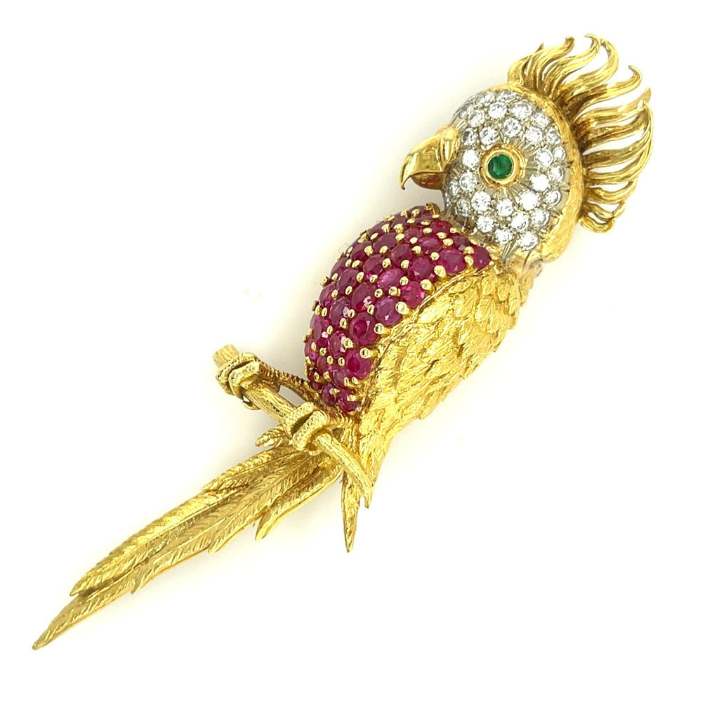18k Yellow Gold Bird Cockatoo Brooch with Ruby, Diamond, and Emerald