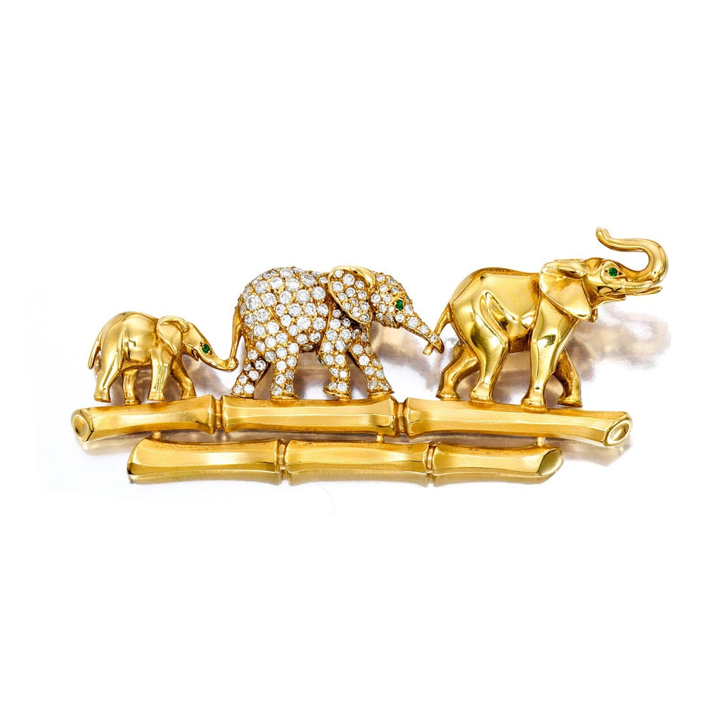 Cartier 18k Yellow Gold Elephant Family Brooch with Emerald & Diamond Accents