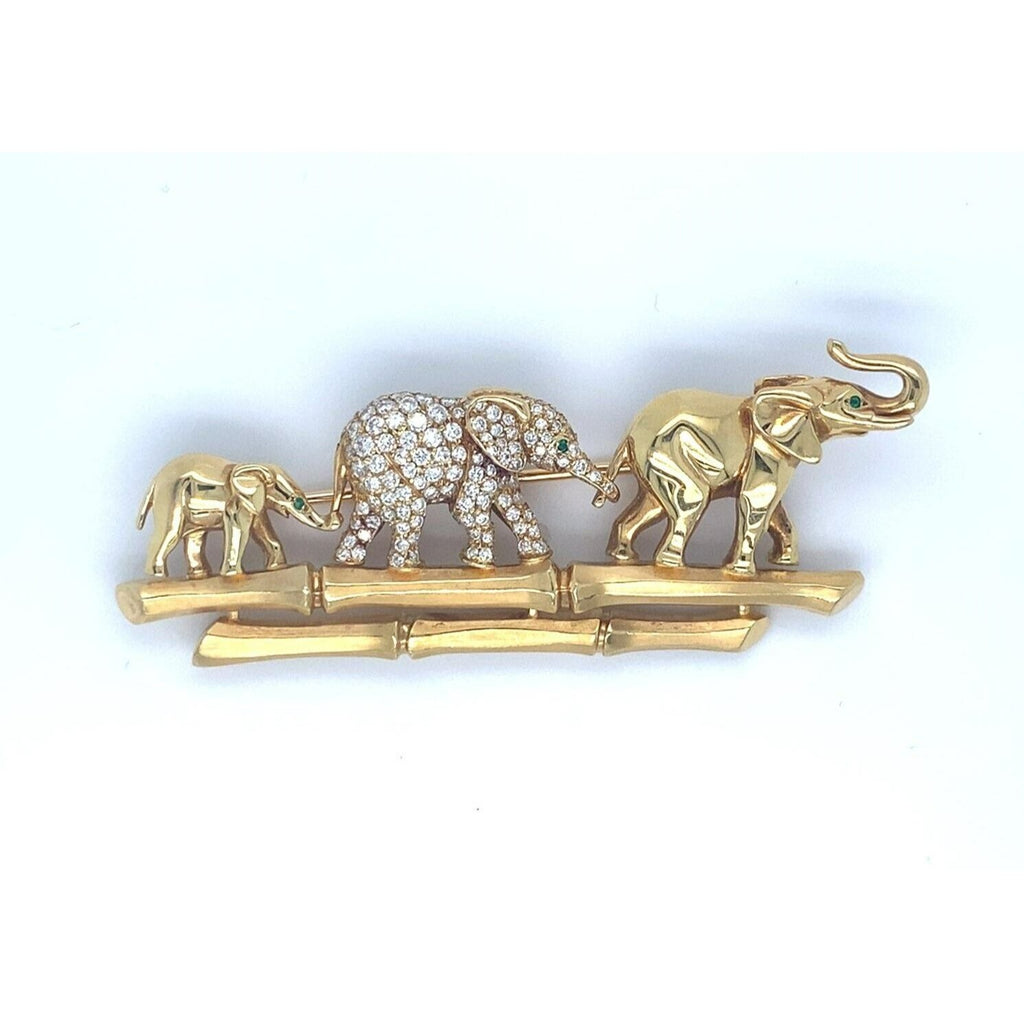 Cartier 18k Yellow Gold Elephant Family Brooch with Emerald & Diamond Accents