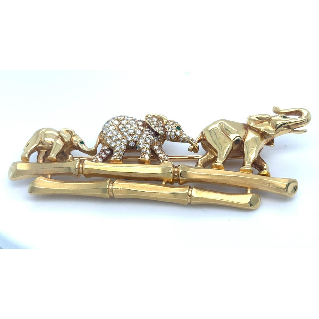 Cartier 18k Yellow Gold Elephant Family Brooch with Emerald & Diamond Accents