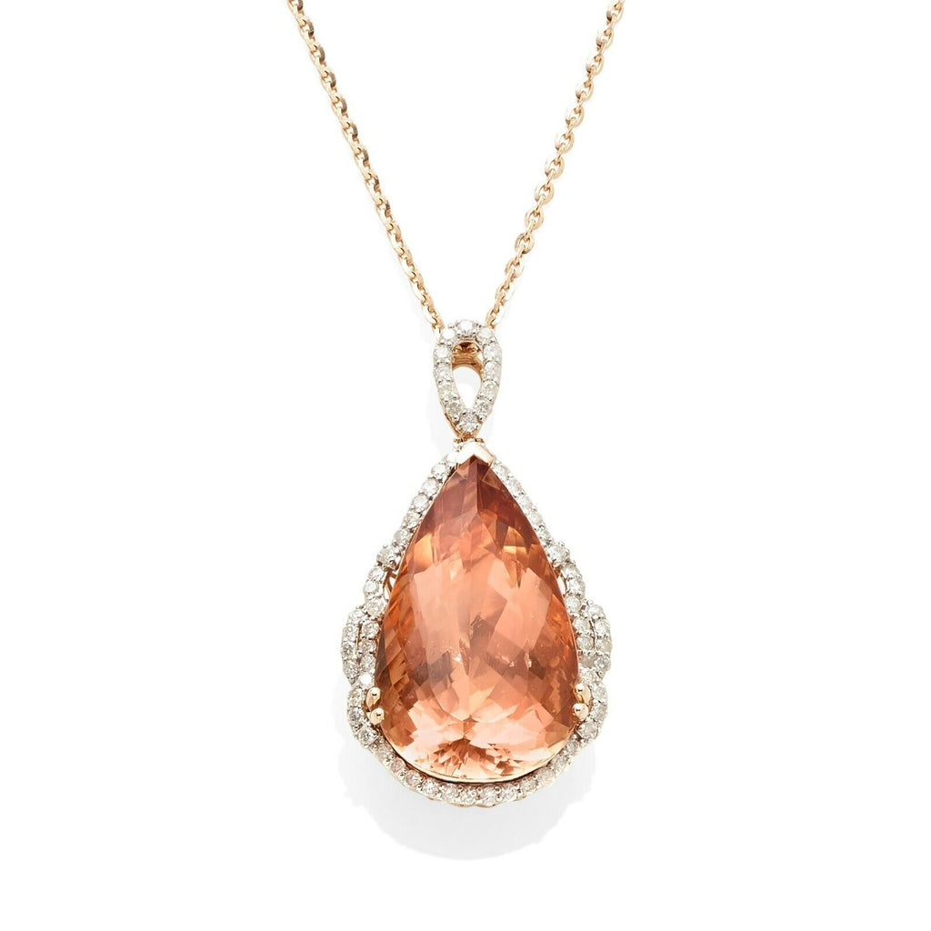 Gorgeous 14k Rose Gold 35.52 Pear Morganite Pendant with 1.37 ct Diamond 20"