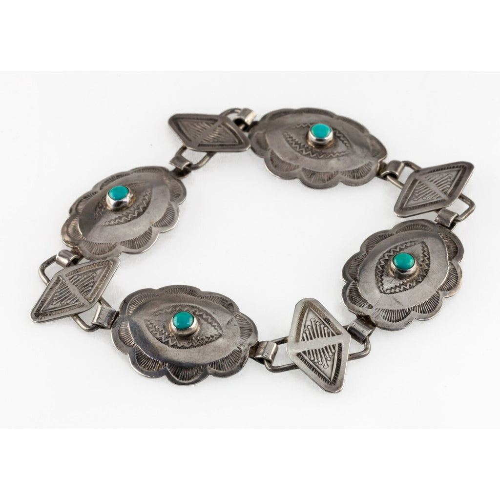 Native American Concha Sterling Silver Bracelet with Turquoise, 8" Long 18.2gr