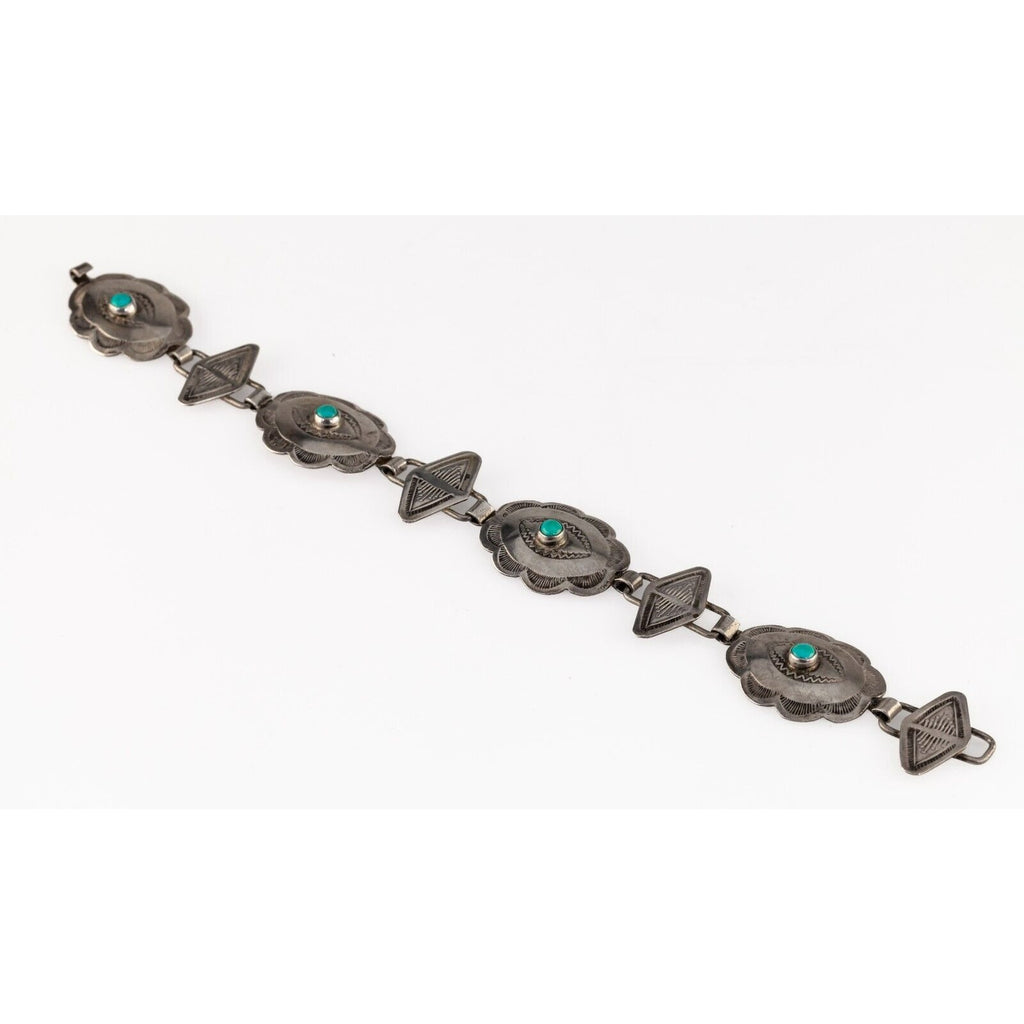 Native American Concha Sterling Silver Bracelet with Turquoise, 8" Long 18.2gr