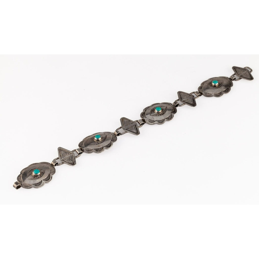 Native American Concha Sterling Silver Bracelet with Turquoise, 8" Long 18.2gr