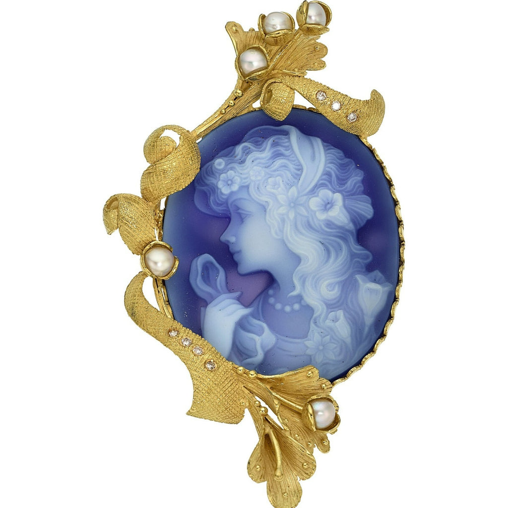 18k Yellow Gold Carved Chalcedony Cameo w/ Diamond and Cultured Pearl Accents