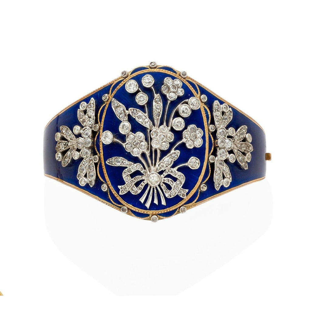 Platinum and 14k Gold Enamel Antique 4.5ct Diamond Hinged Bangle Bracelet 48g