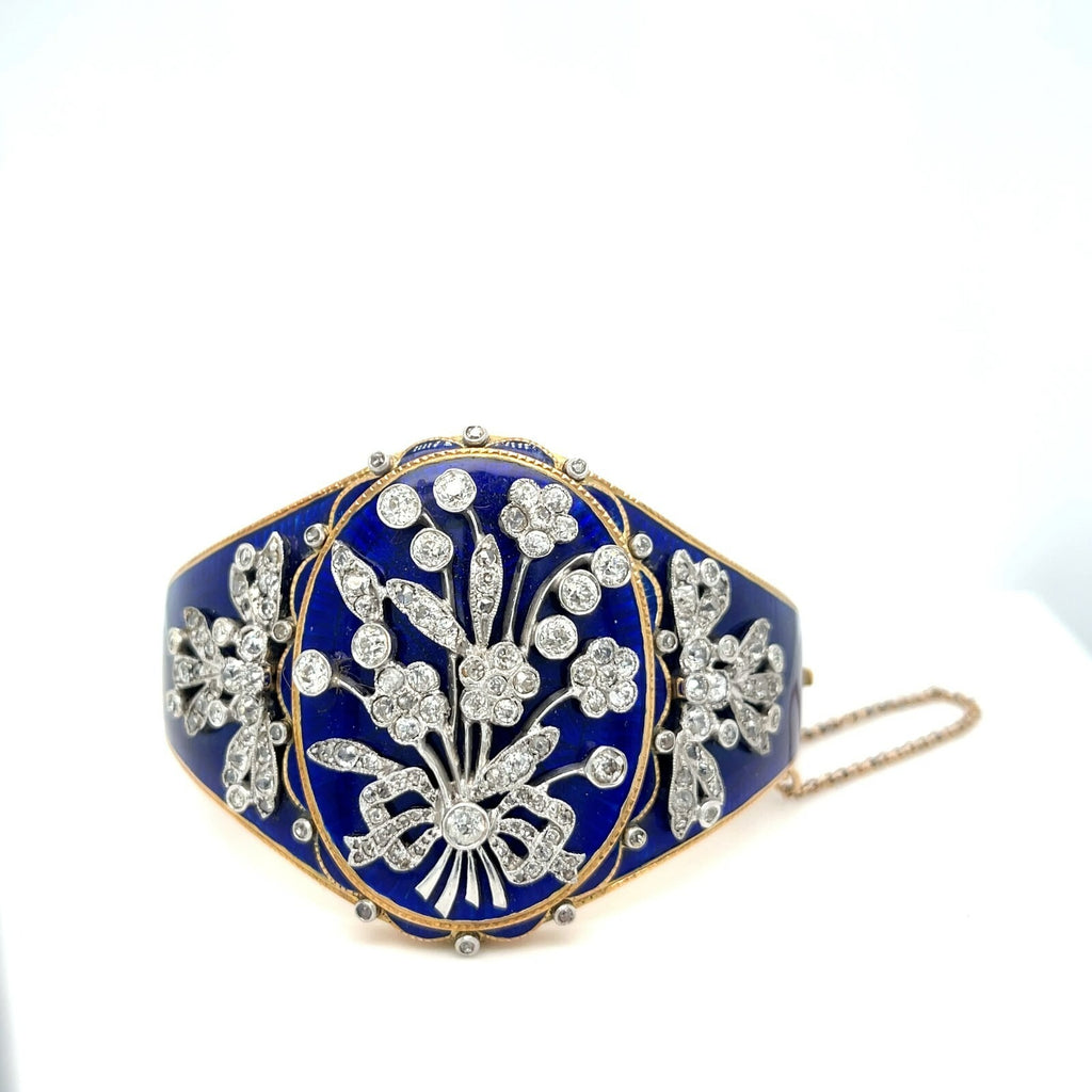 Platinum and 14k Gold Enamel Antique 4.5ct Diamond Hinged Bangle Bracelet 48g