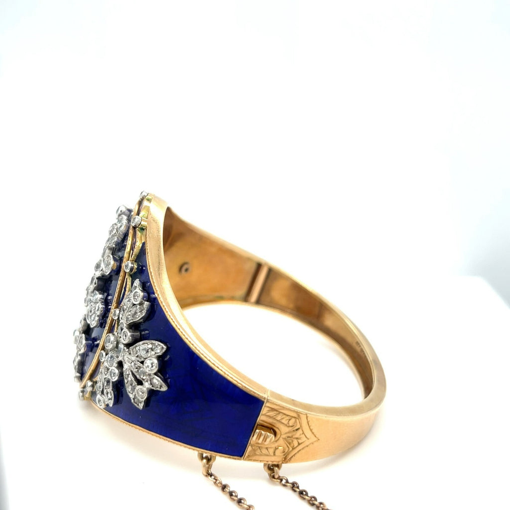 Platinum and 14k Gold Enamel Antique 4.5ct Diamond Hinged Bangle Bracelet 48g