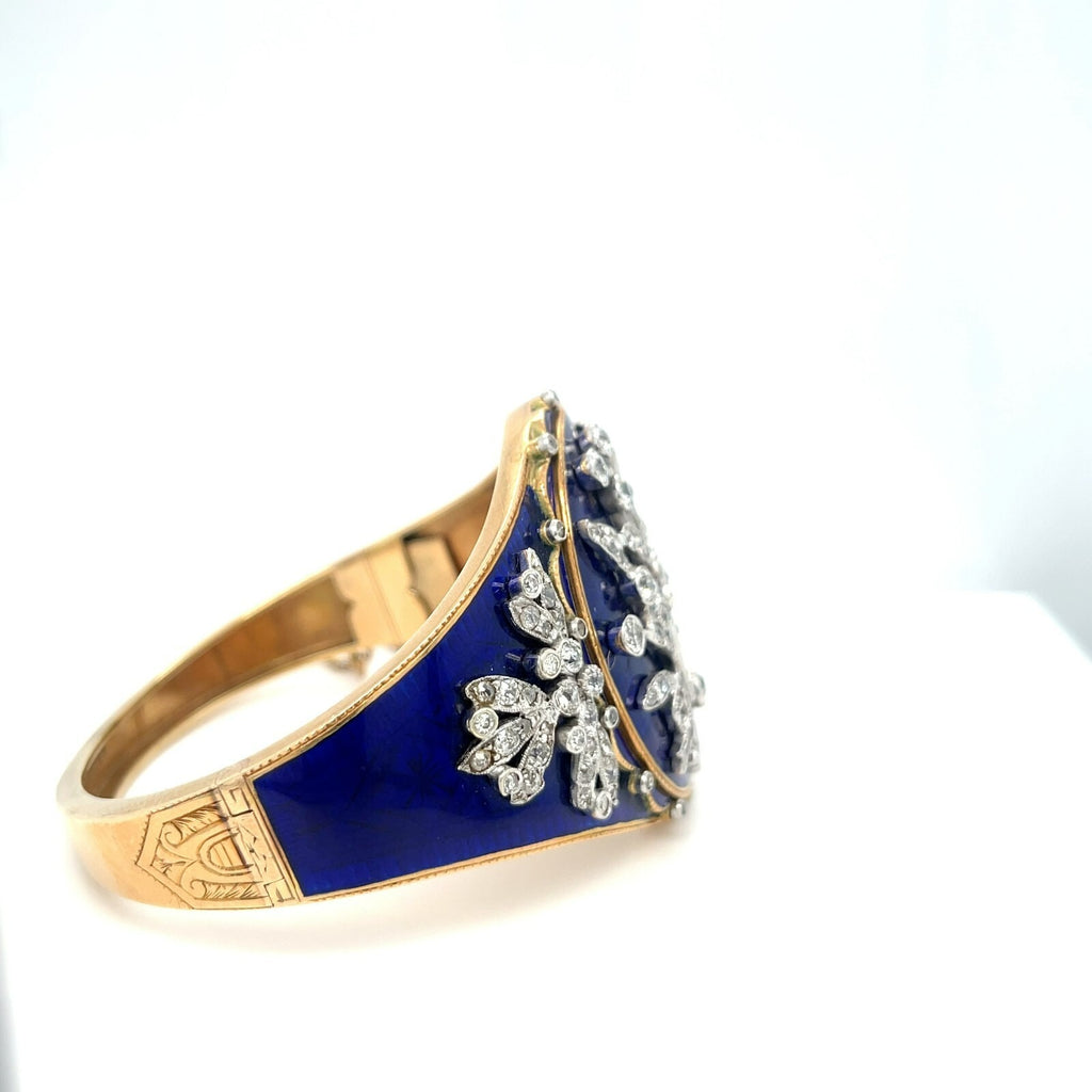 Platinum and 14k Gold Enamel Antique 4.5ct Diamond Hinged Bangle Bracelet 48g
