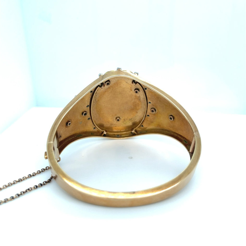 Platinum and 14k Gold Enamel Antique 4.5ct Diamond Hinged Bangle Bracelet 48g