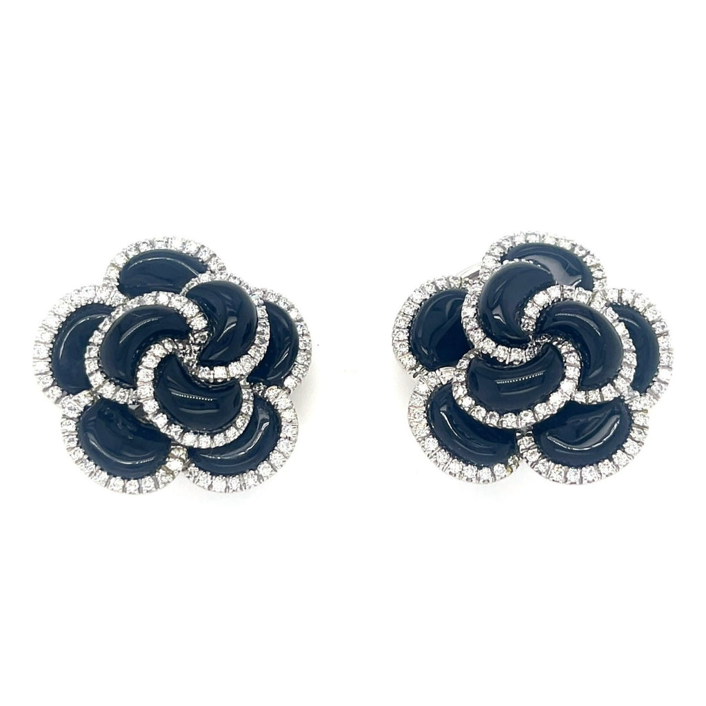 18k White Gold Roberto Casarin Diamond and Onyx Flower Ear Clips Gorgeous!