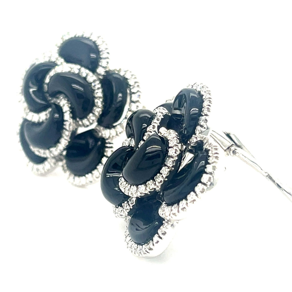 18k White Gold Roberto Casarin Diamond and Onyx Flower Ear Clips Gorgeous!