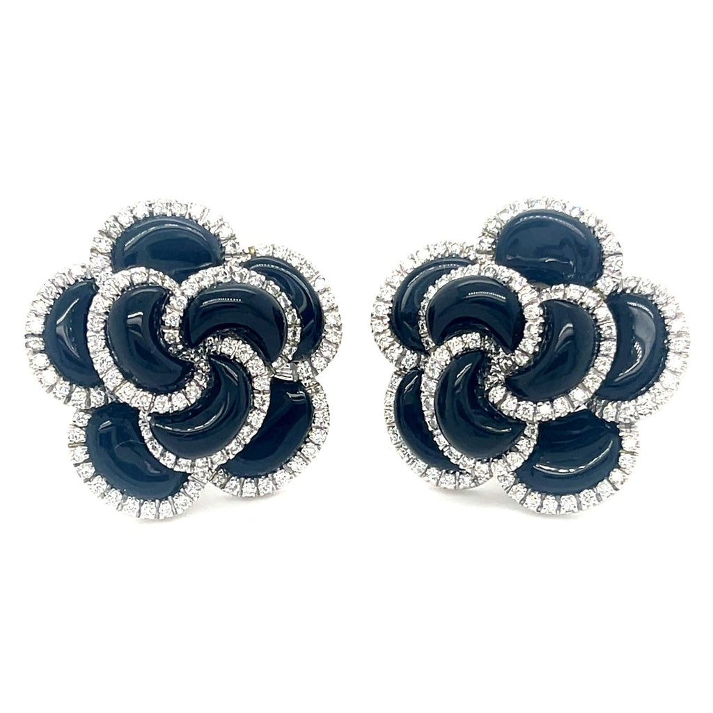 18k White Gold Roberto Casarin Diamond and Onyx Flower Ear Clips Gorgeous!