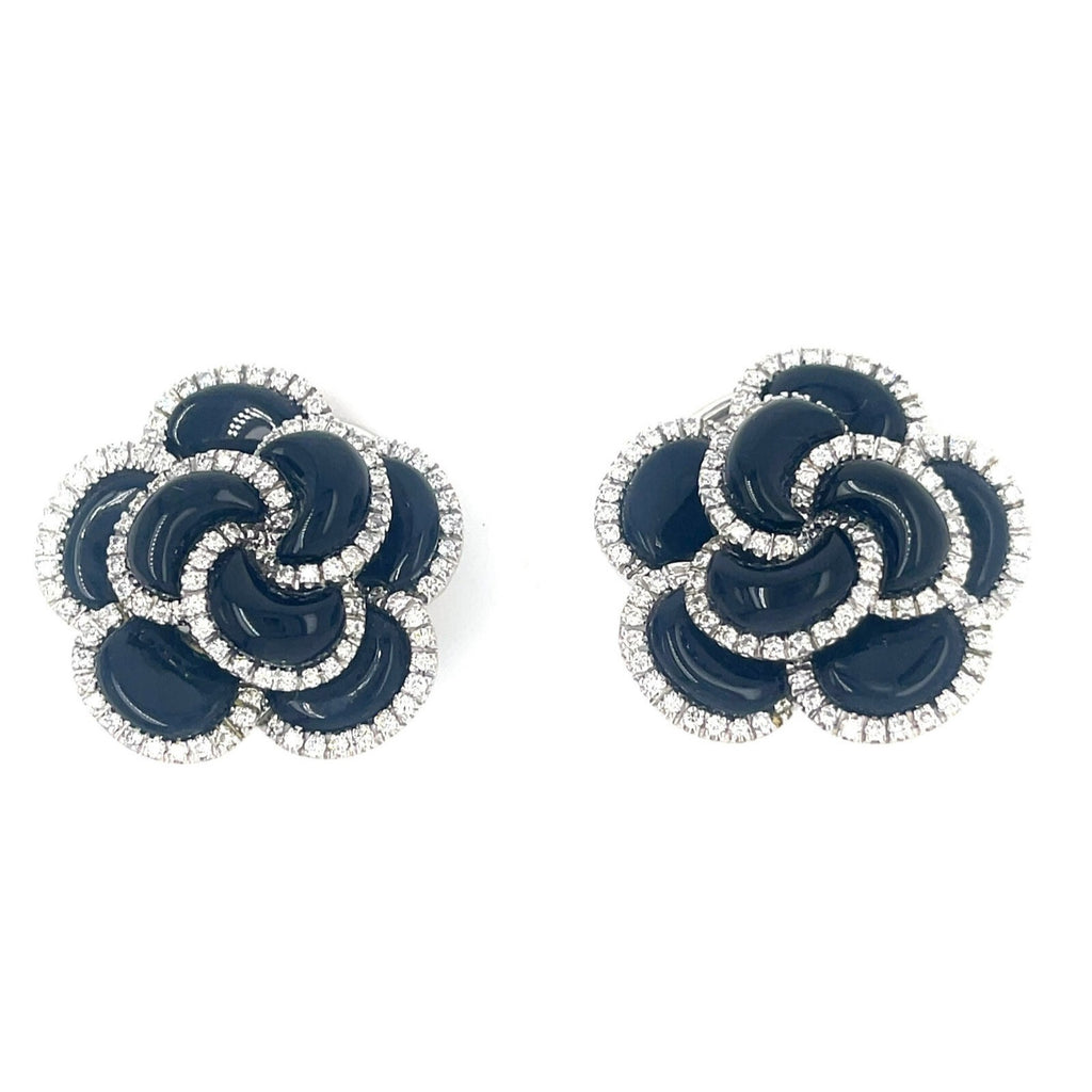 18k White Gold Roberto Casarin Diamond and Onyx Flower Ear Clips Gorgeous!