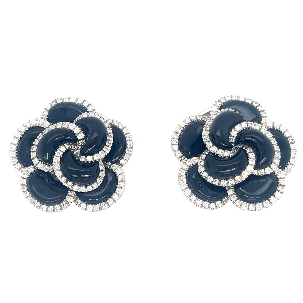18k White Gold Roberto Casarin Diamond and Onyx Flower Ear Clips Gorgeous!