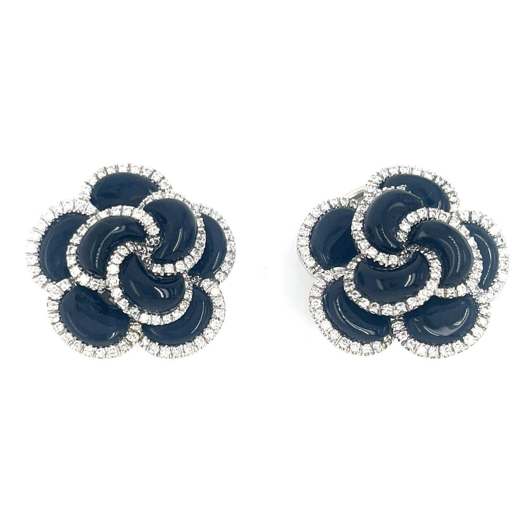 18k White Gold Roberto Casarin Diamond and Onyx Flower Ear Clips Gorgeous!