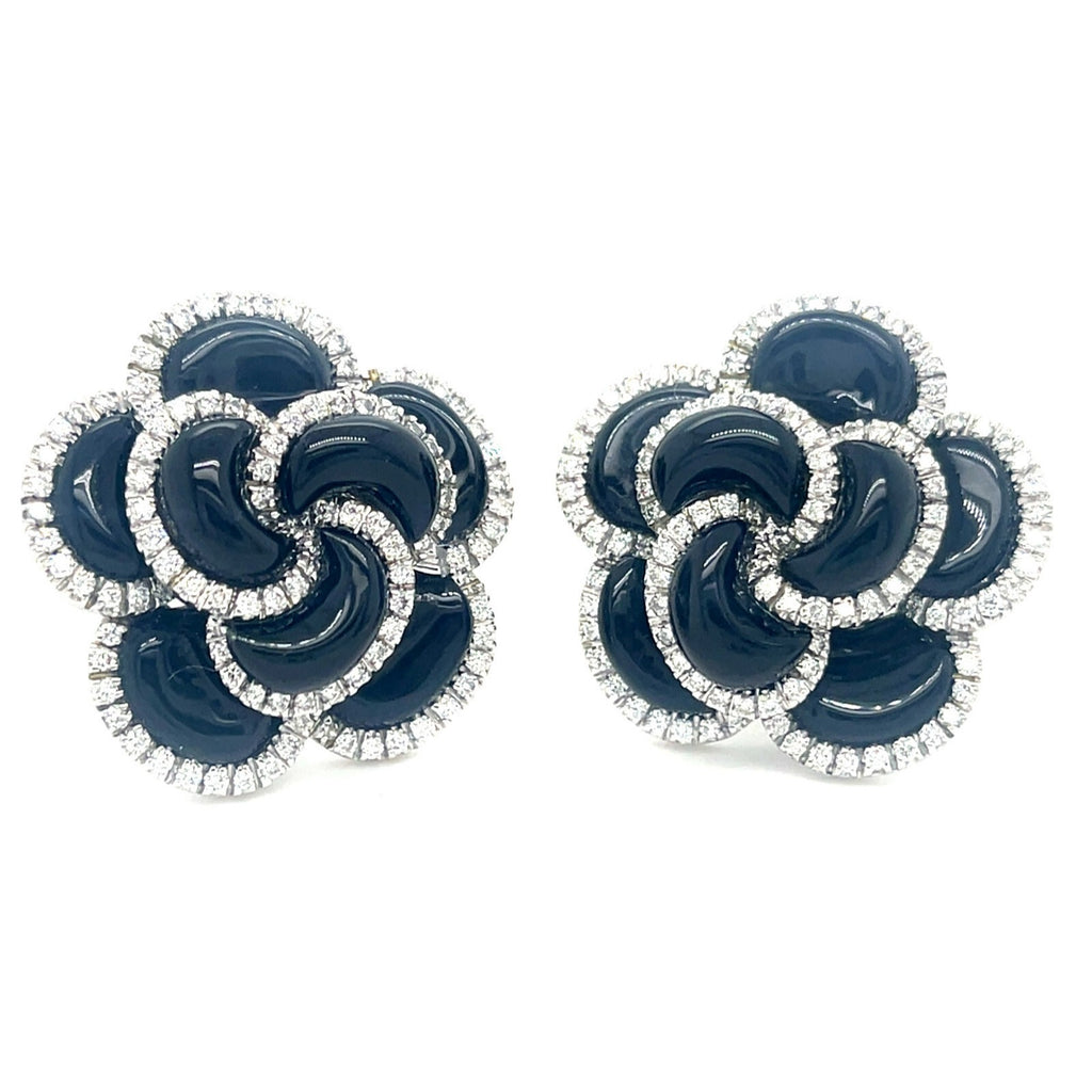 18k White Gold Roberto Casarin Diamond and Onyx Flower Ear Clips Gorgeous!