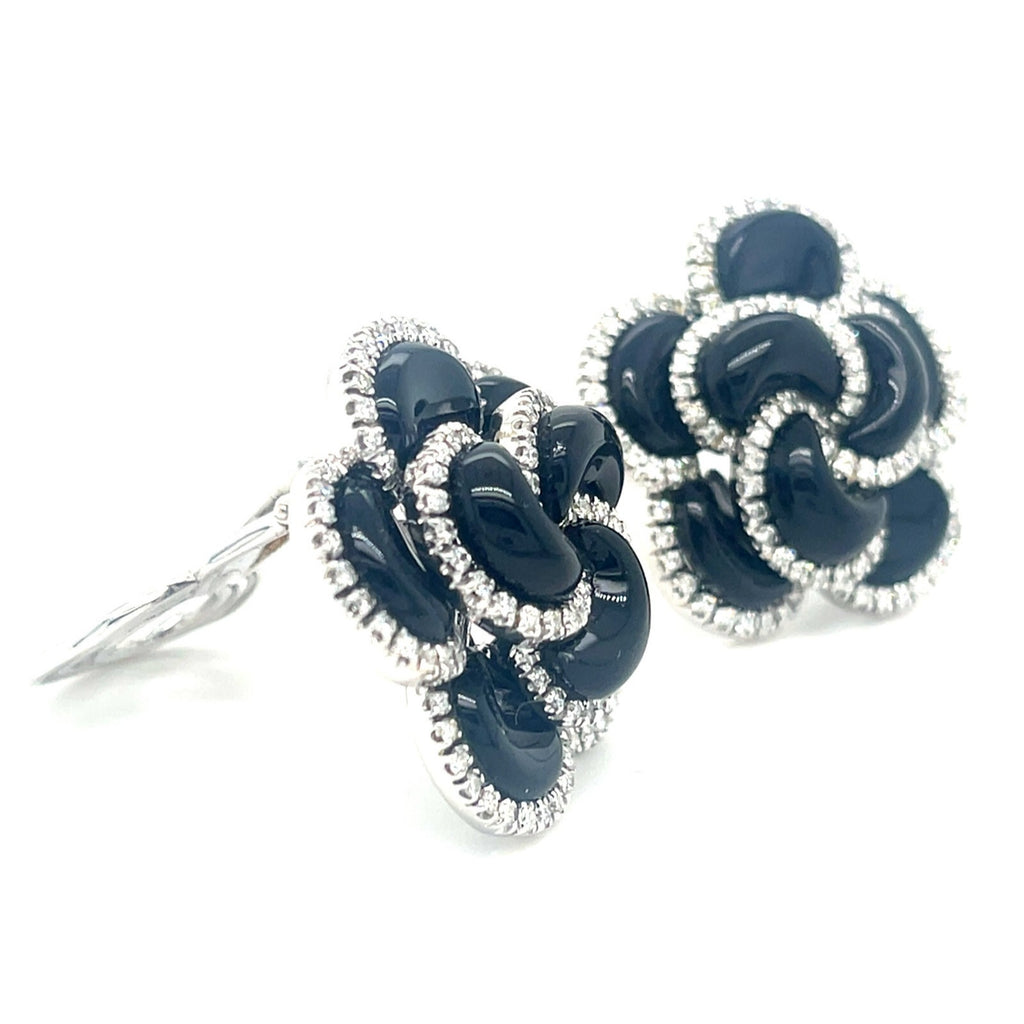 18k White Gold Roberto Casarin Diamond and Onyx Flower Ear Clips Gorgeous!