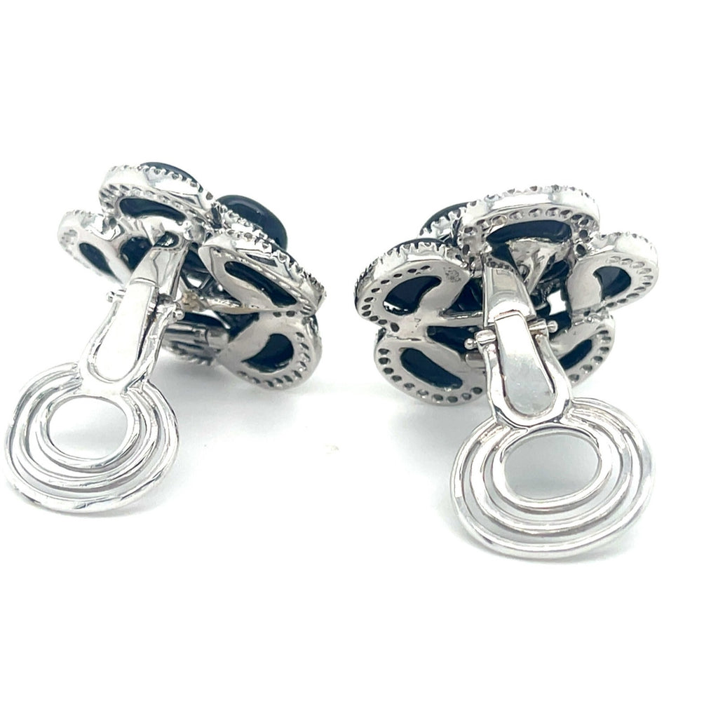 18k White Gold Roberto Casarin Diamond and Onyx Flower Ear Clips Gorgeous!