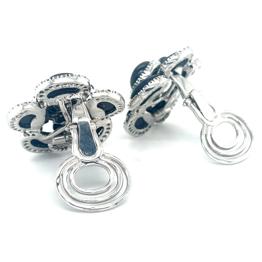 18k White Gold Roberto Casarin Diamond and Onyx Flower Ear Clips Gorgeous!