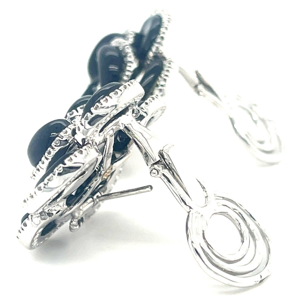 18k White Gold Roberto Casarin Diamond and Onyx Flower Ear Clips Gorgeous!