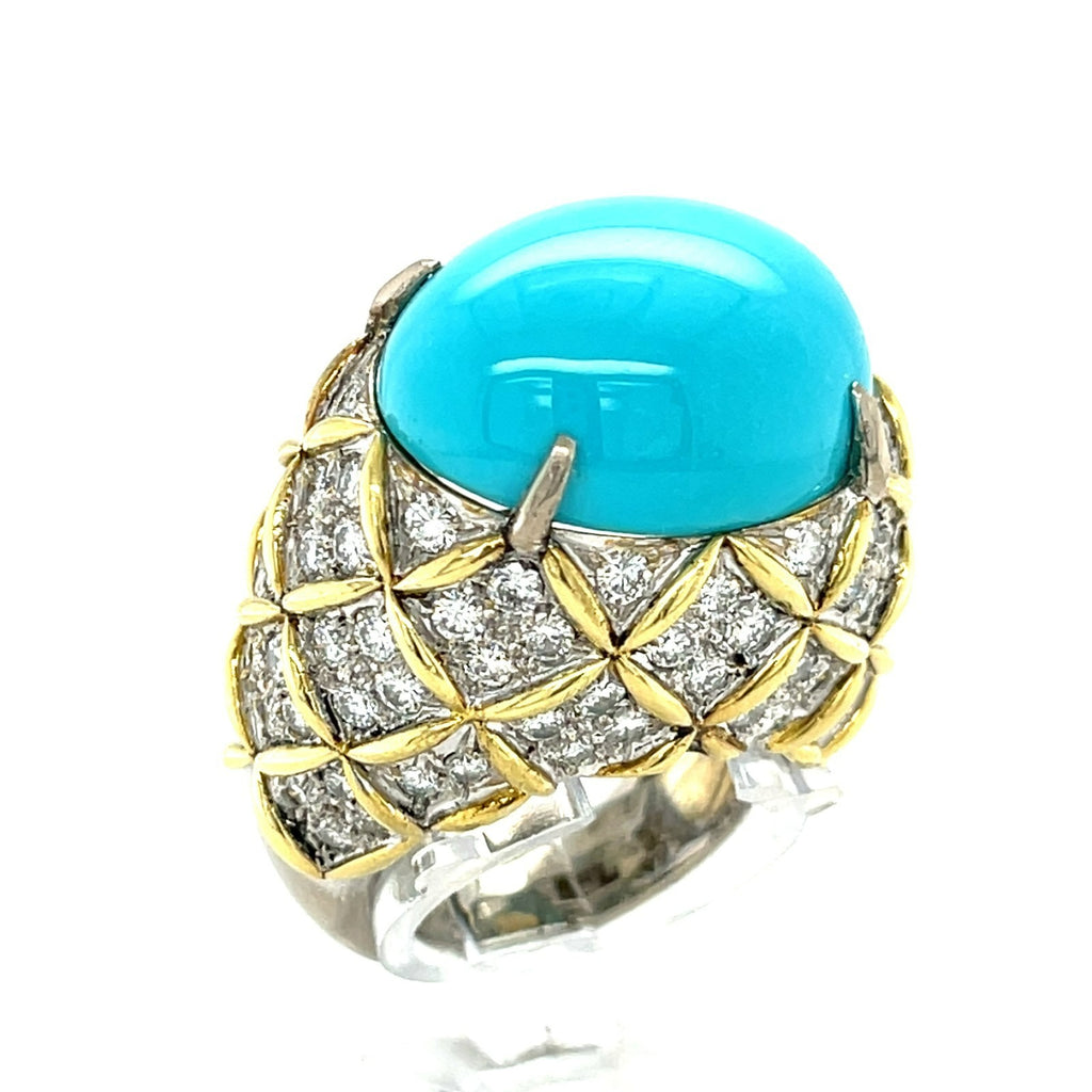 18K Two-Tone Gold Turquoise Cabochon Ring 5.25 CT Diamond Accents Size 7.75