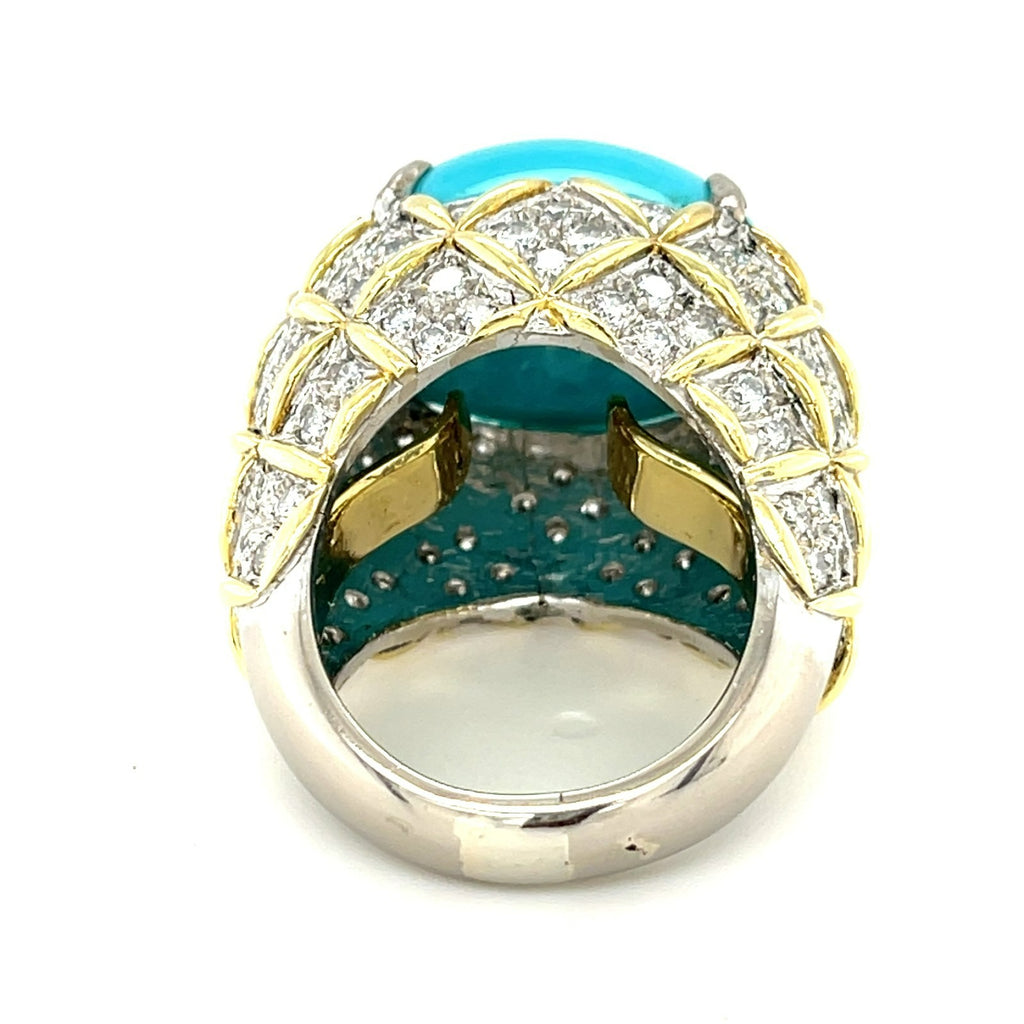 18K Two-Tone Gold Turquoise Cabochon Ring 5.25 CT Diamond Accents Size 7.75