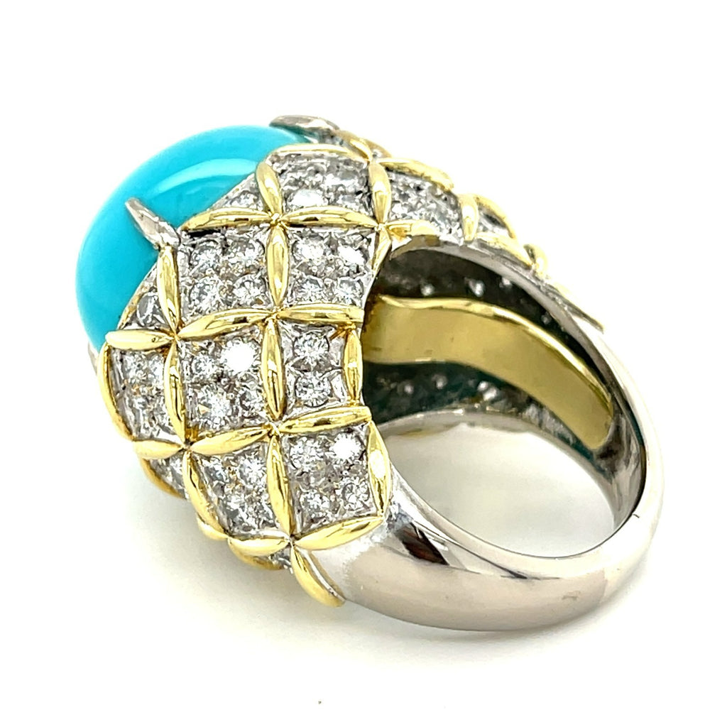 18K Two-Tone Gold Turquoise Cabochon Ring 5.25 CT Diamond Accents Size 7.75