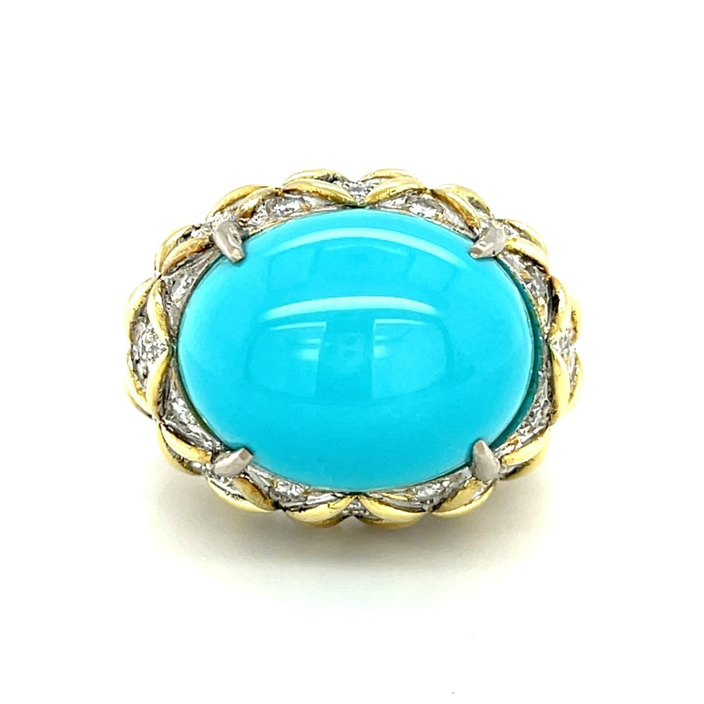 18K Two-Tone Gold Turquoise Cabochon Ring 5.25 CT Diamond Accents Size 7.75