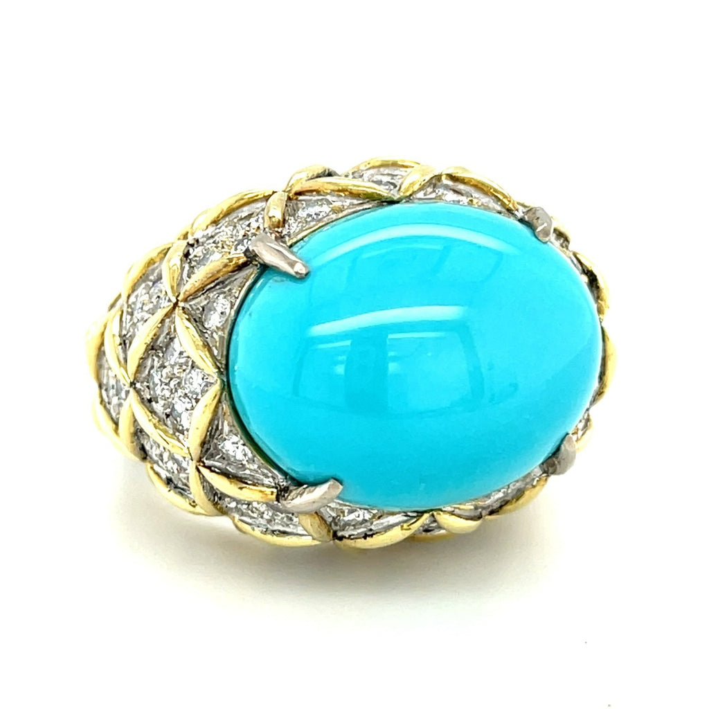 18K Two-Tone Gold Turquoise Cabochon Ring 5.25 CT Diamond Accents Size 7.75