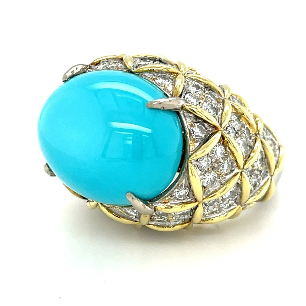 18K Two-Tone Gold Turquoise Cabochon Ring 5.25 CT Diamond Accents Size 7.75