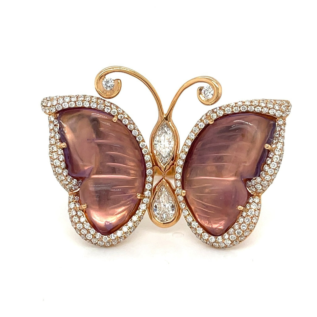 Pejmani of Belgium 18k Rose Gold Carved Amethyst & Diamond Plaque Ring, Size 7.25.