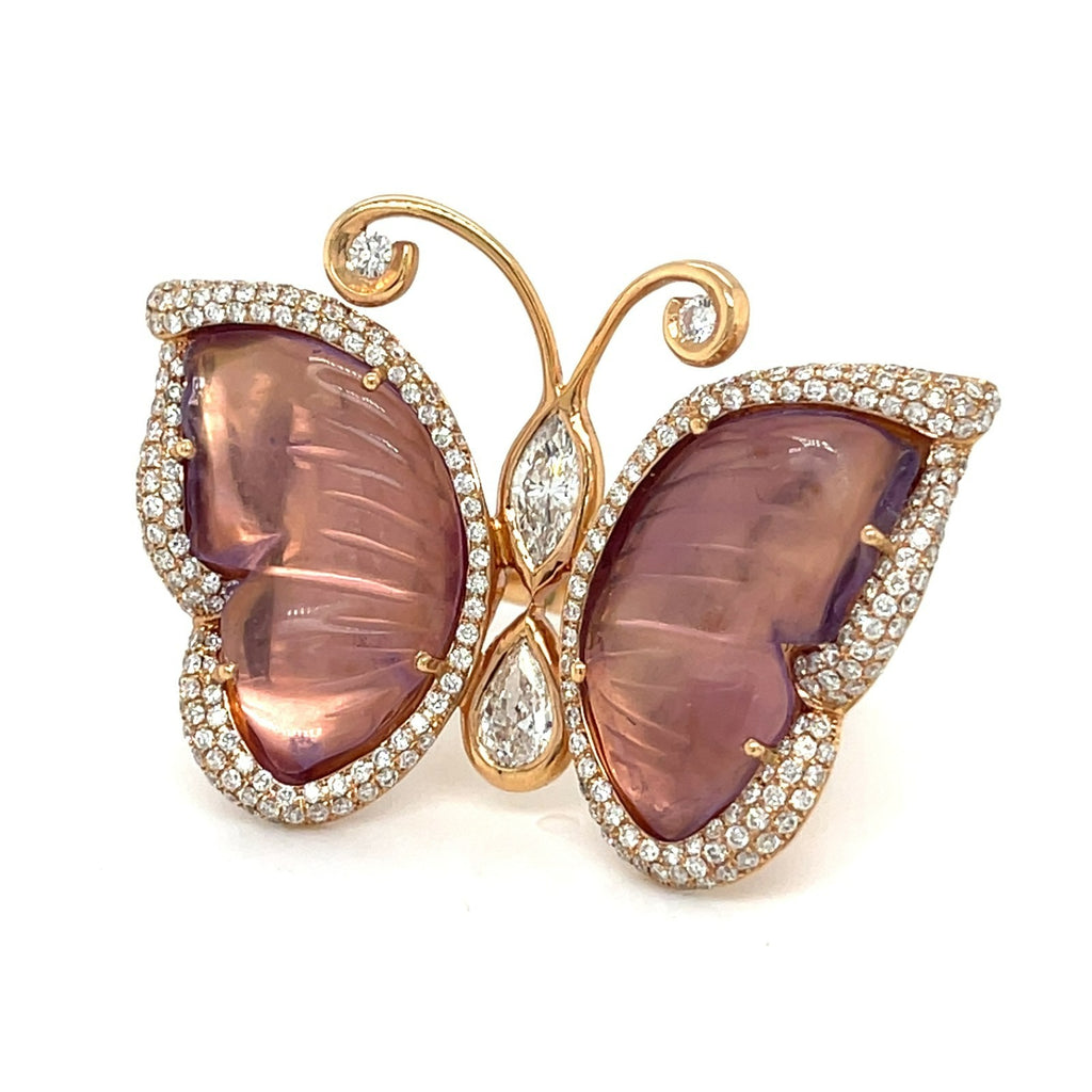 Pejmani of Belgium 18k Rose Gold Carved Amethyst & Diamond Plaque Ring, Size 7.25.