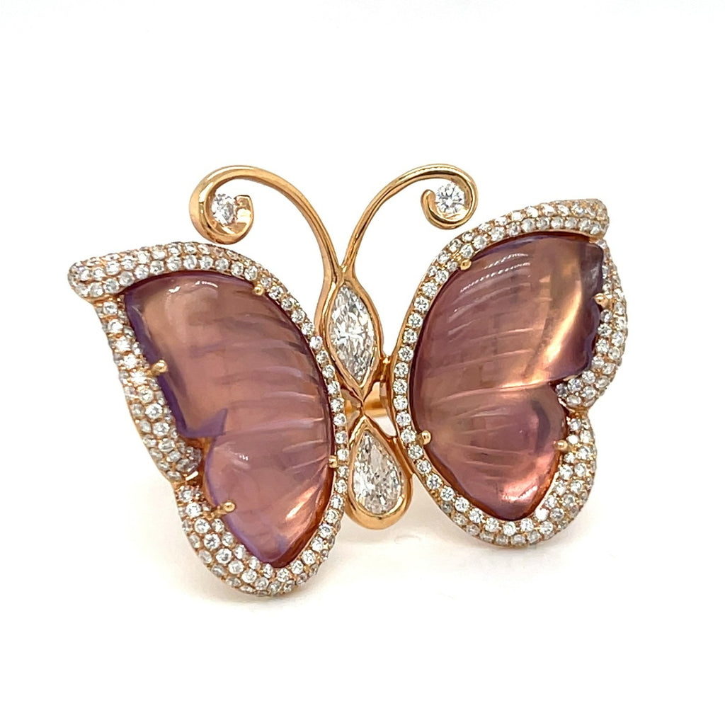 Pejmani of Belgium 18k Rose Gold Carved Amethyst & Diamond Plaque Ring, Size 7.25.