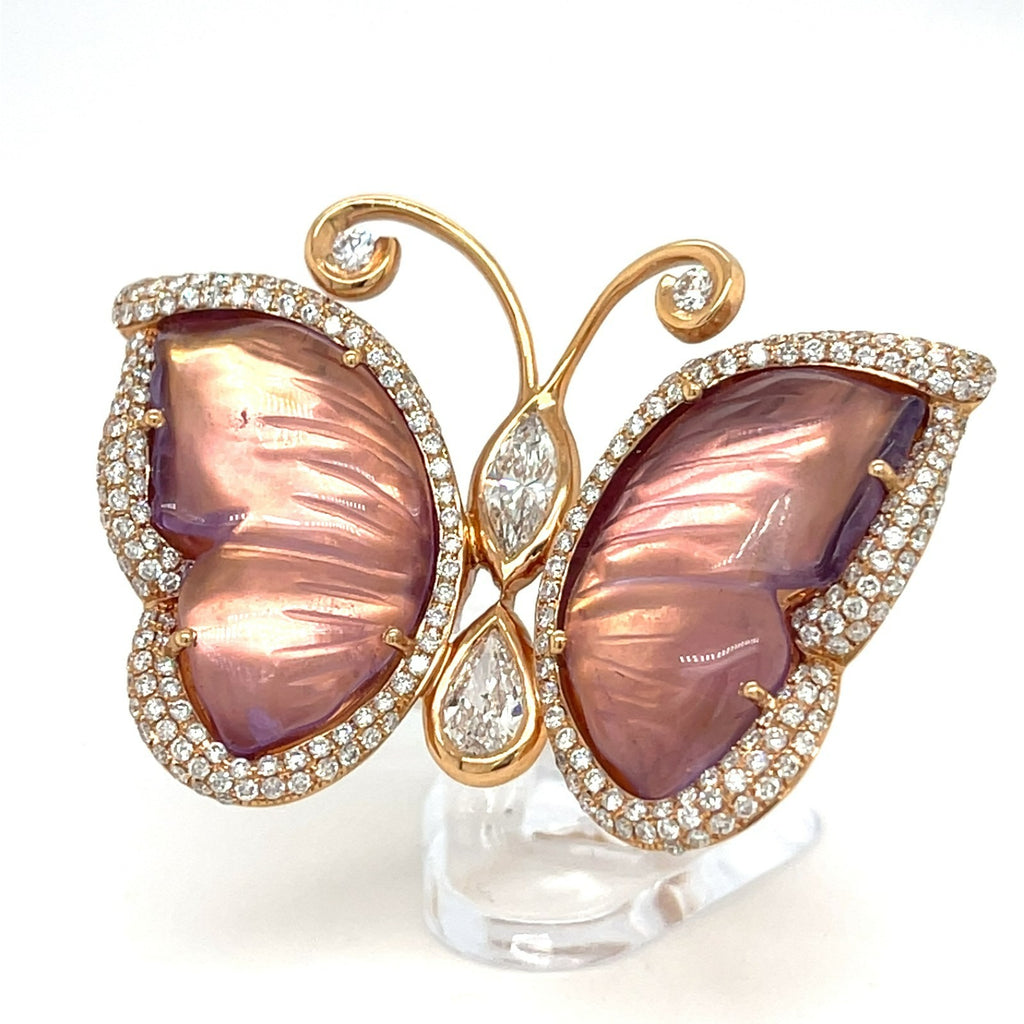 Pejmani of Belgium 18k Rose Gold Carved Amethyst & Diamond Plaque Ring, Size 7.25.