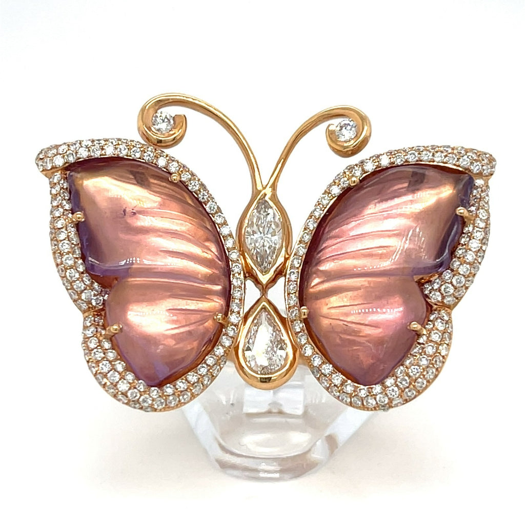 Pejmani of Belgium 18k Rose Gold Carved Amethyst & Diamond Plaque Ring, Size 7.25.