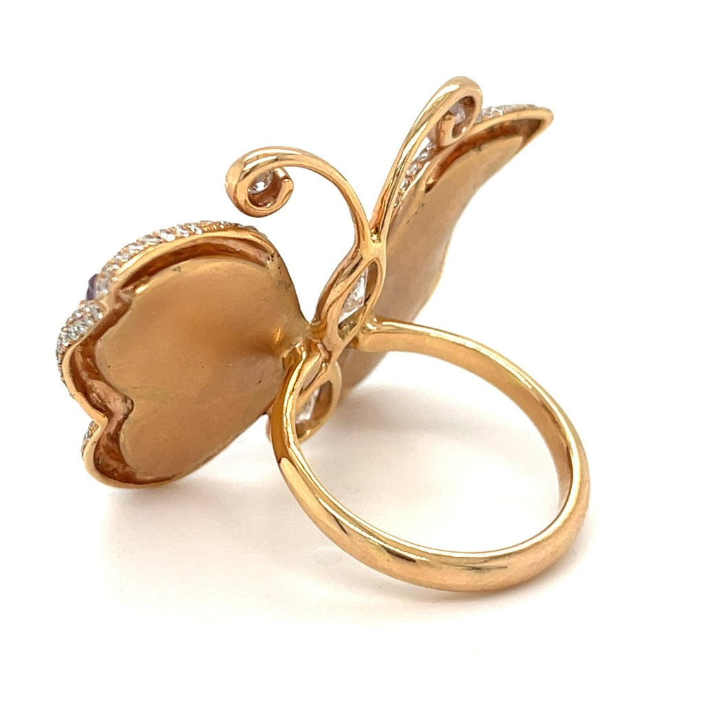 Pejmani of Belgium 18k Rose Gold Carved Amethyst & Diamond Plaque Ring, Size 7.25.