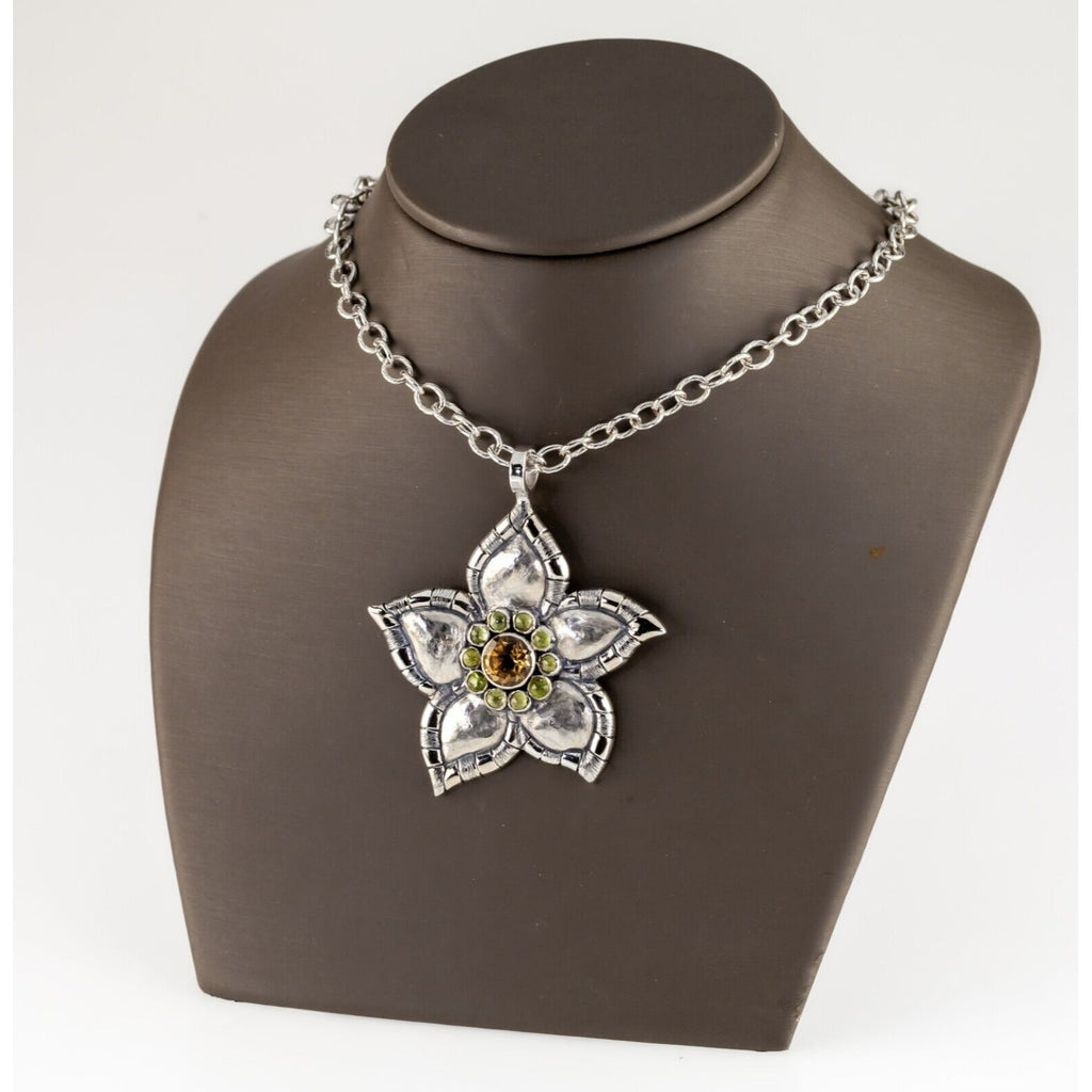 Rane Sterling Silver Daisy Flower Pendant Citrine and Peridot Quartz Accents 18"