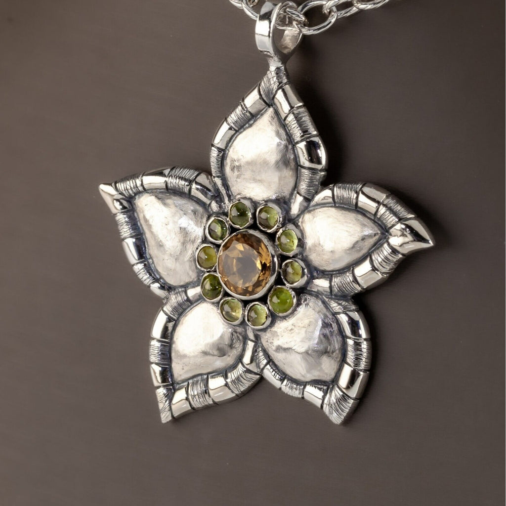 Rane Sterling Silver Daisy Flower Pendant Citrine and Peridot Quartz Accents 18"