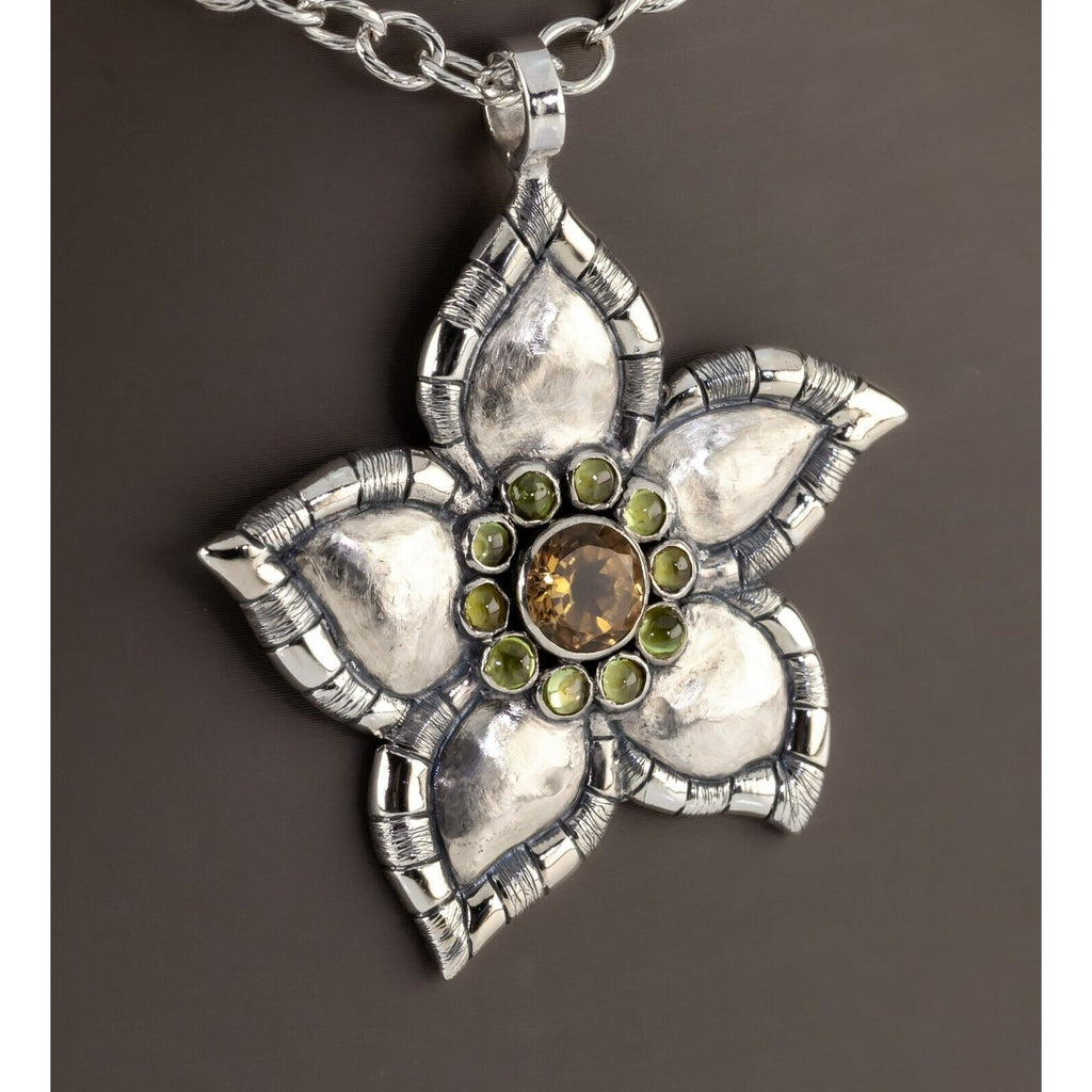 Rane Sterling Silver Daisy Flower Pendant Citrine and Peridot Quartz Accents 18"