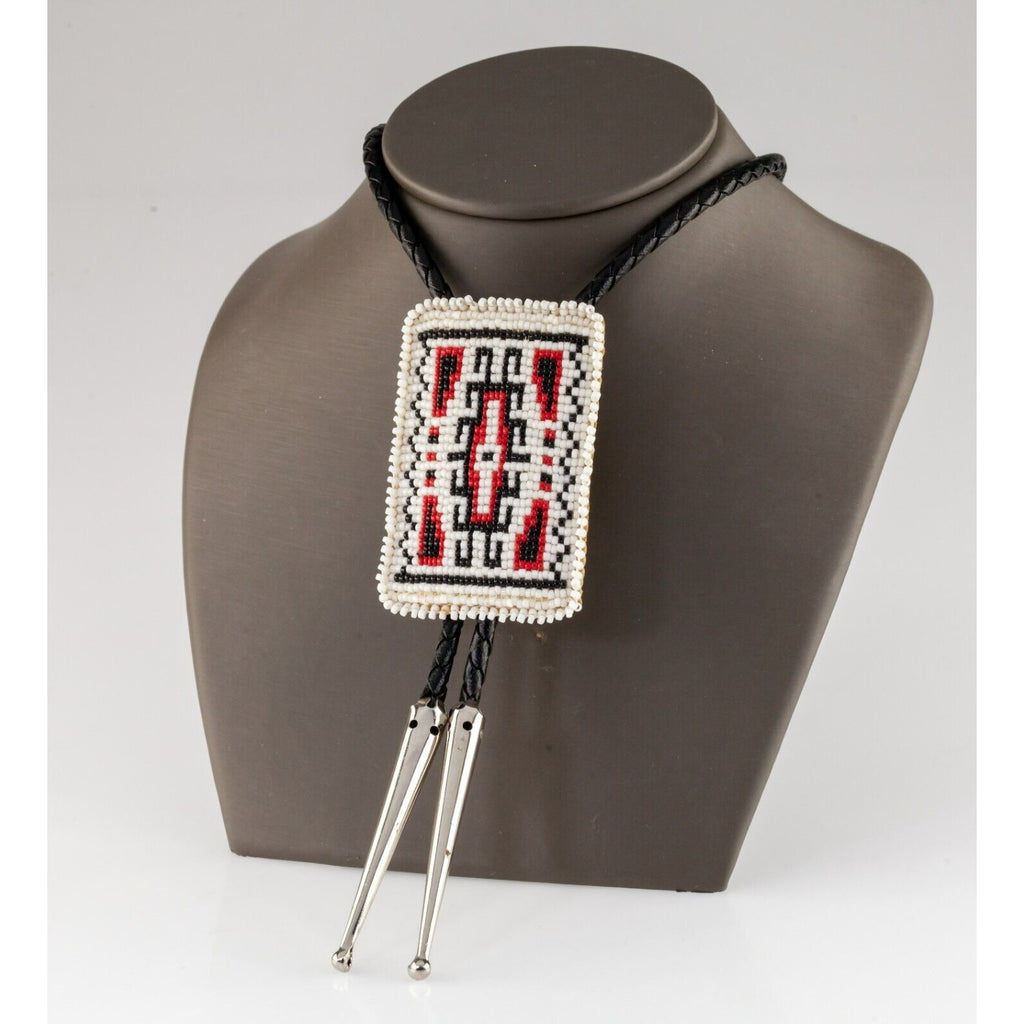 Seed Bead Bolo Tie with Braided Leather Strand and Silver Aglets