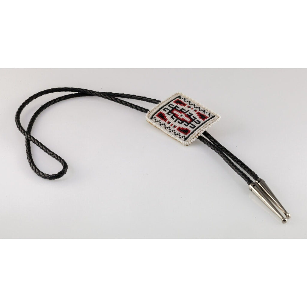Seed Bead Bolo Tie with Braided Leather Strand and Silver Aglets