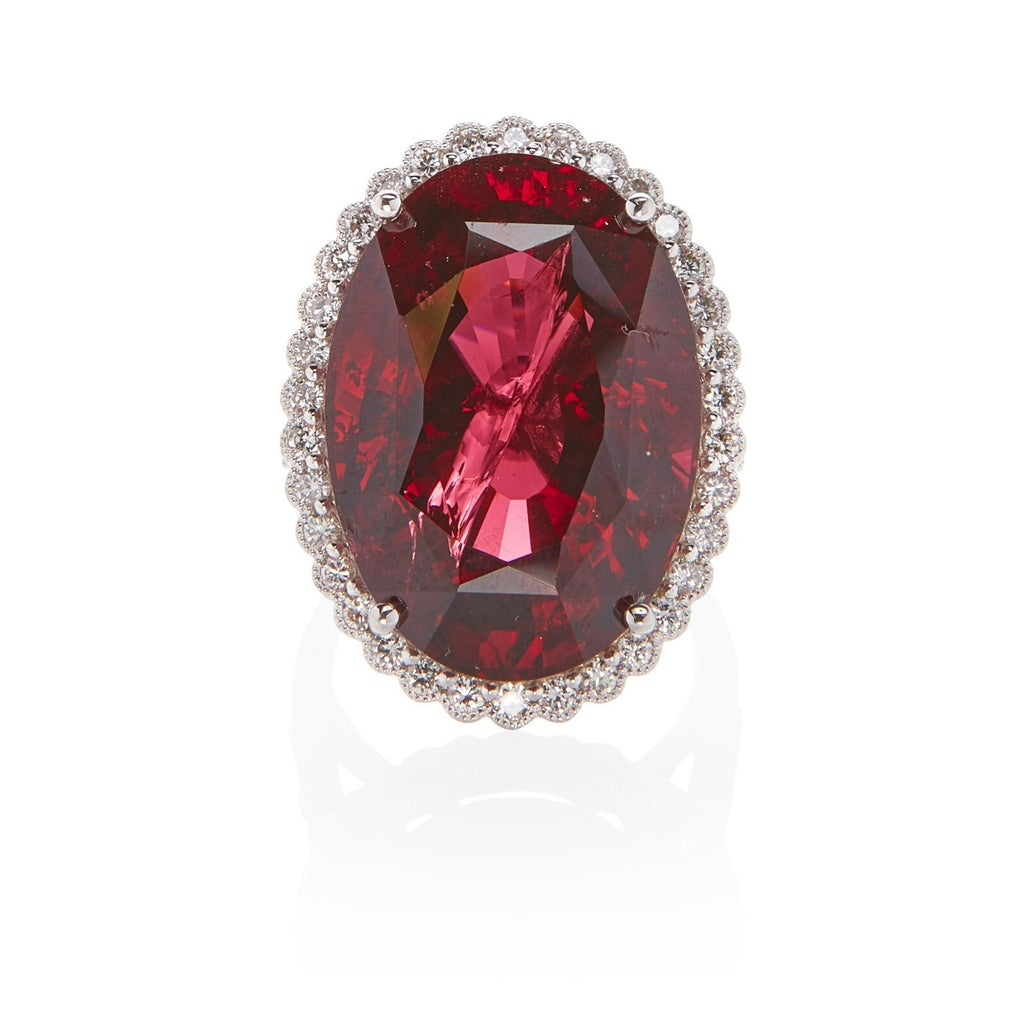 18K White Gold 37.3 ct Oval Garnet and 0.75 ct Diamond Halo Ring Size 7