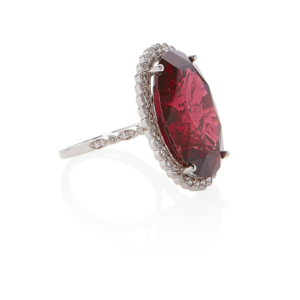 18K White Gold 37.3 ct Oval Garnet and 0.75 ct Diamond Halo Ring Size 7