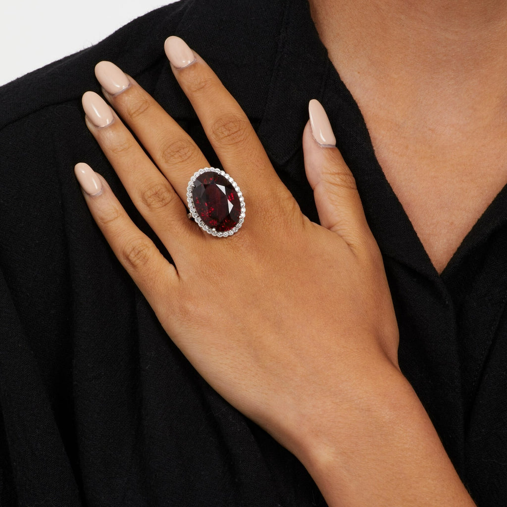 18K White Gold 37.3 ct Oval Garnet and 0.75 ct Diamond Halo Ring Size 7