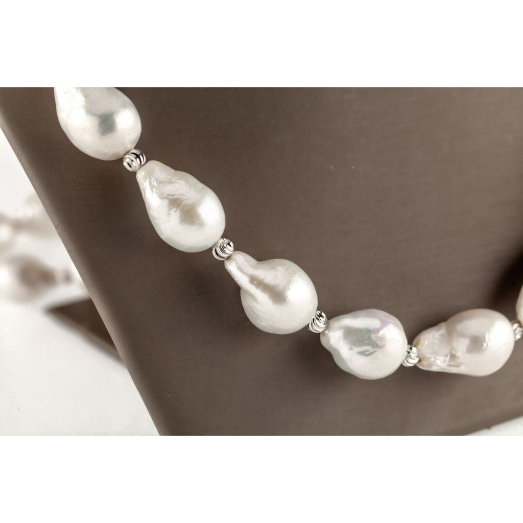 Gorgeous Sterling Silver and Baroque Pearl Strand Necklace Opera 40"