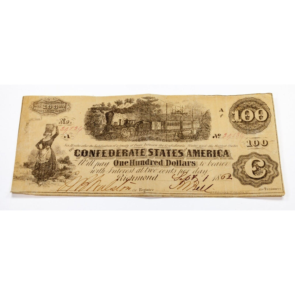 1862 $100 Confederate States Note Very Fine T-39