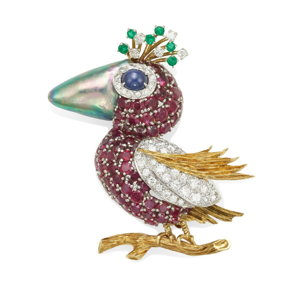 18k/14k Gold Bird Brooch w/ Cultured Abalone, Star Sapphire Ruby/Diamond Accents